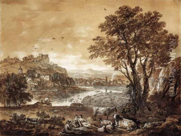 An Extensive River Landscape With Shepherds Resting Under A Tree By A Cascade Oil Painting - Francesco Zuccarelli