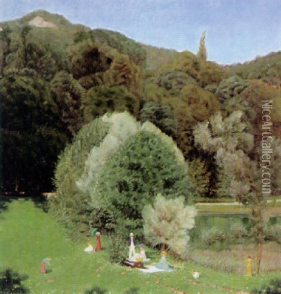 Sonntagliche Gesellschaft Beim Picknick Am Ufer Eines Kleinen Sees An Einem Sonnigen Fruhlingstag Oil Painting - Rudolf Duerrwang