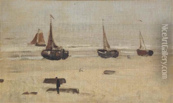 Bomschuiten On The Scheveningen Beach - A Sketch Oil Painting - Hendrik Willem Mesdag