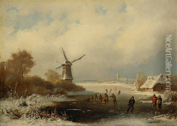 Eisvergnugen In Hollandischer Winterlandschaft Oil Painting - Caesar Bimmermann