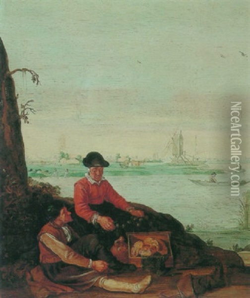 Fisherfolk On The Banks Of An Estuary With Rowboats, Bathers And A Windmill Beyond Oil Painting - Arent (Cabel) Arentsz