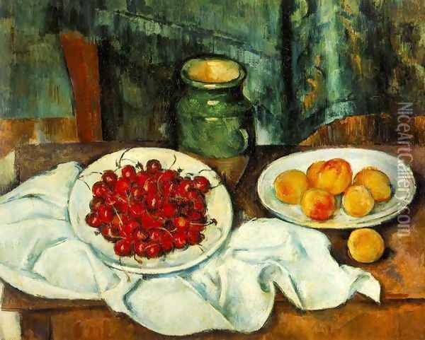 Still Life With A Plate Of Cherries Aka Cherries And Peaches Oil Painting - Paul Cezanne