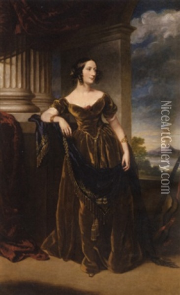 Portrait Of A Lady Standing In A Brown Velvet Gown And Holding A Blue Sash, A View Of Naples And Mount Vesuvius Beyond Oil Painting - George Hayter