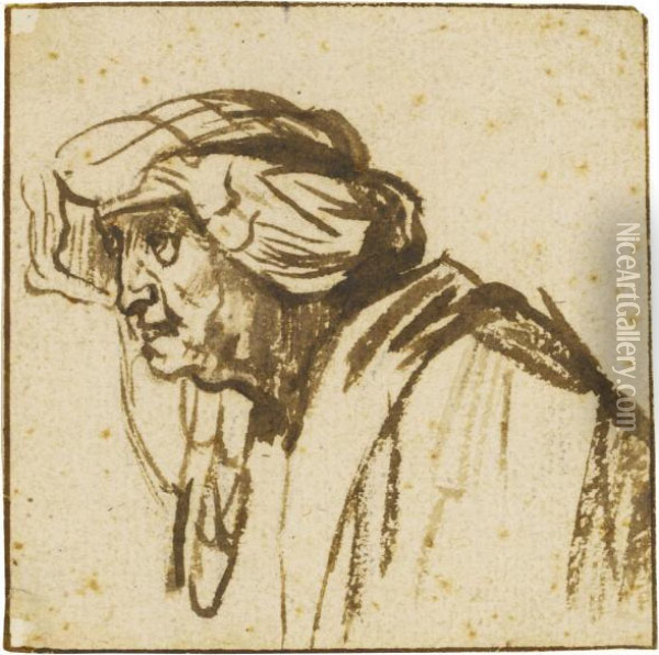 Head Of An Old Woman Wearing A Turban Oil Painting - Rembrandt Van Rijn