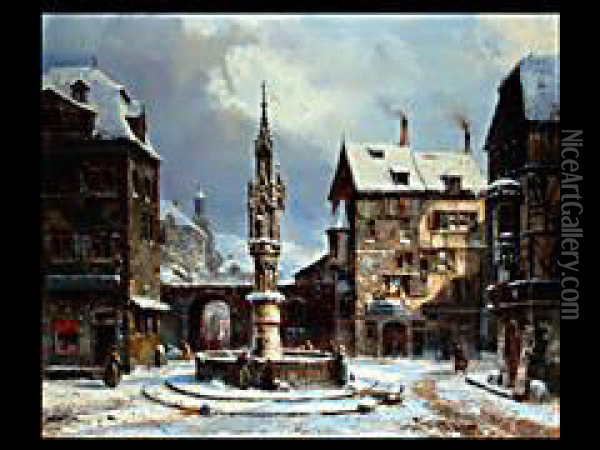 Winter Am Stadtbrunnen Oil Painting - Pierre-Henri-Theodore Tetar van Elven