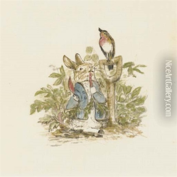 First He Ate Some Lettuces And Some French Beans; And Then He Ate Some Radishes Oil Painting - Beatrix Potter