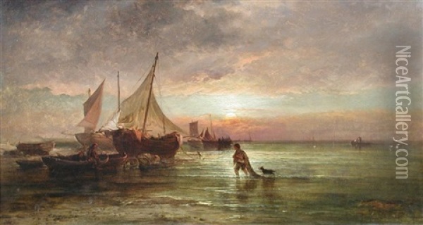 A Fisherboy With His Dog Bringing Home The Catch At Dusk With A Beached Fishing Boat Oil Painting - George Augustus Williams