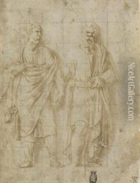Socrates And A Barbarian, Hands Clasped Oil Painting - Giulio Romano