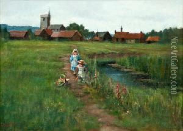Playing Children On A Summerfield Oil Painting - Maria Wiik