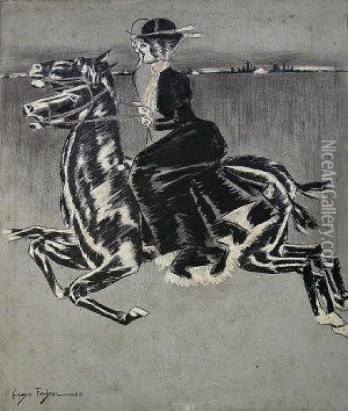 Wo Elegant Riders: Scraper-board Oil Painting - Hugo Fisher