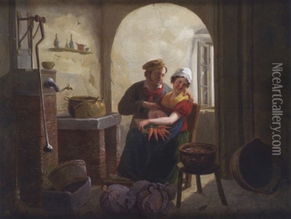 Galanterie Dans La Cuisine Oil Painting - Constantinus-Fidelio Coene