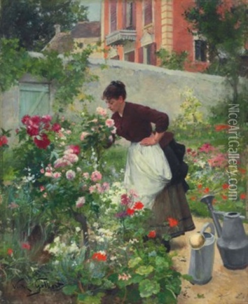 Une Jardiniere Avec Des Fleurs Oil Painting - Victor Gabriel Gilbert