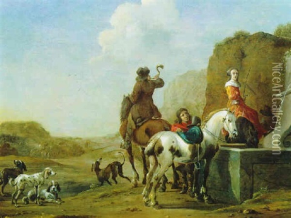Rastende Reiter An Einem Brunnen In Suedlicher Landschaft Oil Painting - Simon Johannes van Douw
