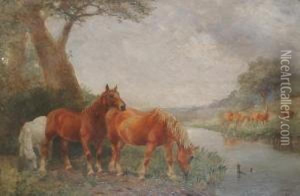 Horses By A Stream 'g.t.rope' (lower Right) Oil Painting - George Thomas Rope