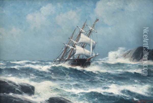 Sailing Ship Between Rocks Oil Painting - Lauritz Haaland