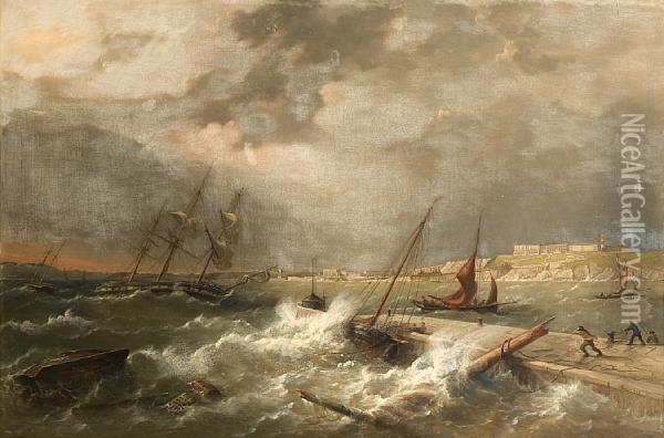 Wild Weather In The Sound (plymouth) Oil Painting - Richard Bridges Beechey