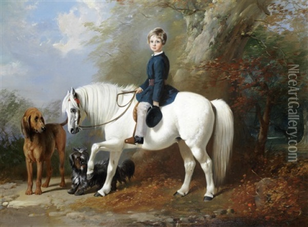 Master Beresford Lowndes With His Favourite Pony And Dogs Oil Painting - Henry Barraud