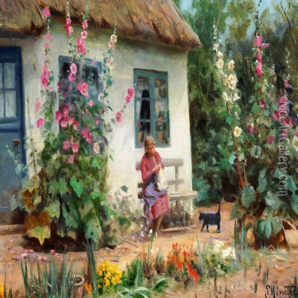 Hollyhocks In Bloom In Front Of A Cottage, A Little Girl Is Enjoying The Nice Weather Oil Painting - Peder Mork Monsted