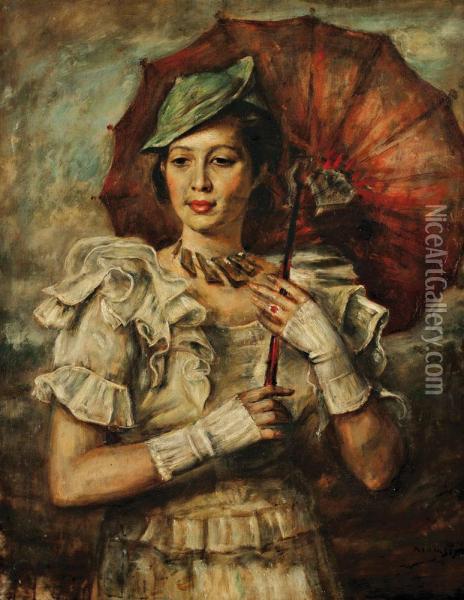Portrait De Femme A L'ombrelle Oil Painting - Romain Kramstyk