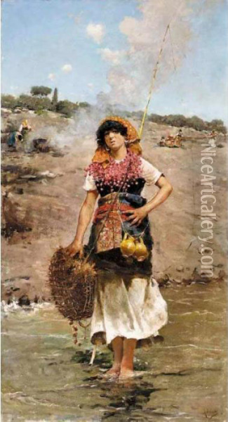 Pescadora (a Young Fisherwoman) Oil Painting - Rafael Senet y Perez