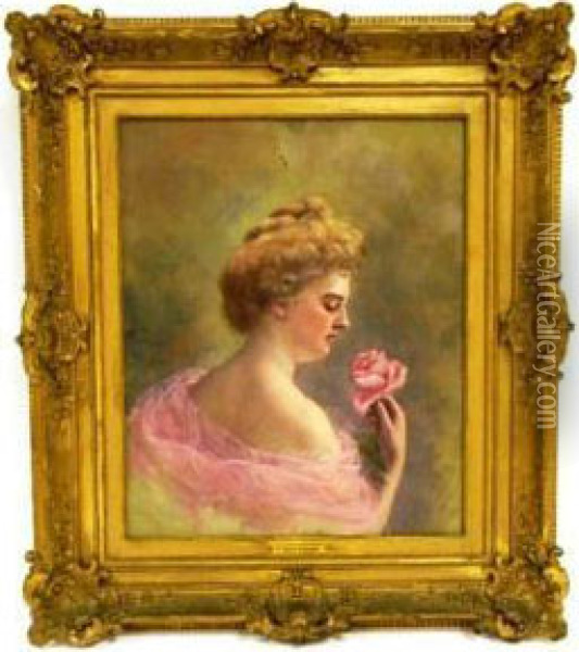 Portrait Of Woman In Off-the-shoulder Pink Dress With Rose Oil Painting - C.Ayer Whipple