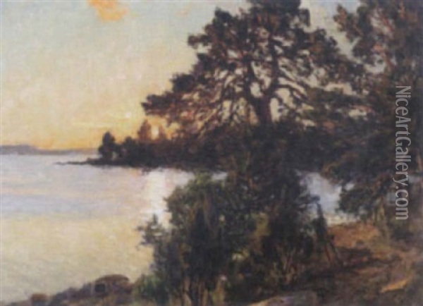Sjolandskap Med Tallar - Solnedgang Oil Painting - Gottfried Kallstenius