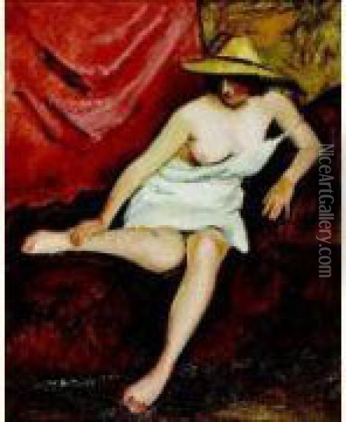 Femme Nu Au Chapeau Oil Painting - Jean Hippolyte Marchand