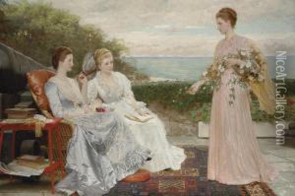 The Ramparts, Walmer Castle; Portraits Of The Countess Granville,and The Ladies Victoria And Mary Leveson-gower Oil Painting - Charles E. Perugini