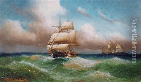 Two Three Masters At Sea Oil Painting - Alfred Serenius Jensen