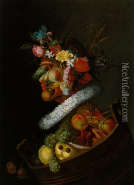Bildnis Einer Aus Blumen Und Fruchten Zusammengesetzten Frau, Allegorie Des Sommers Oil Painting - Johann Adalbert Angermayer