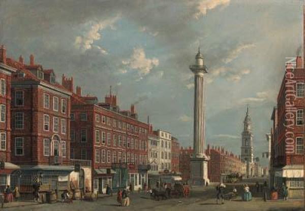 View Of The Monument From 
Gracechurch Street Looking Towards Fishstreet Hill And Old London 
Bridge, With St. Magnus Martyrbeyond Oil Painting - (Giovanni Antonio Canal) Canaletto