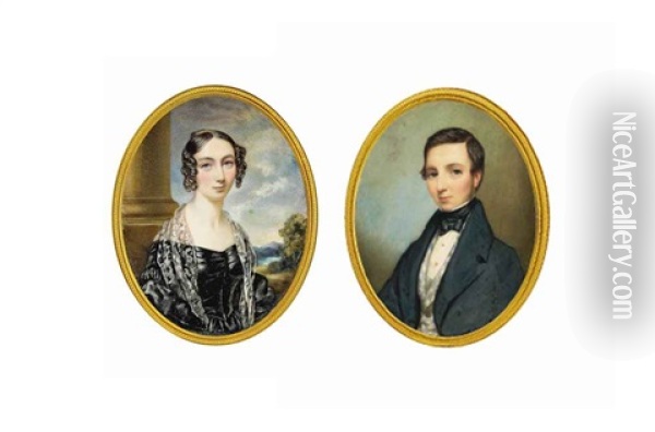 A Pair Of Portraits Of Mrs S. Rowe, Nee Eliza J. Bennett, In Black Dress, White Lace Shawl, Pillar And Landscape Background, And Her Husband Skinner Rowe, In Blue Coat Oil Painting - Cornelius Beavis Durham