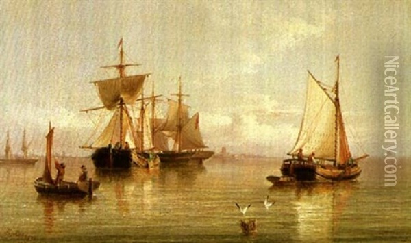 Sailing Vessels On A Calm; Sailing Vessels In A Storm Oil Painting - Henry Redmore