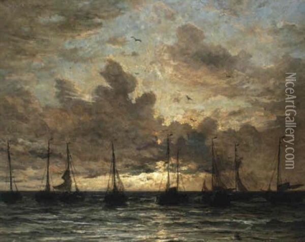 Sunset: Fishing Fleet At Anchor Oil Painting - Hendrik Willem Mesdag