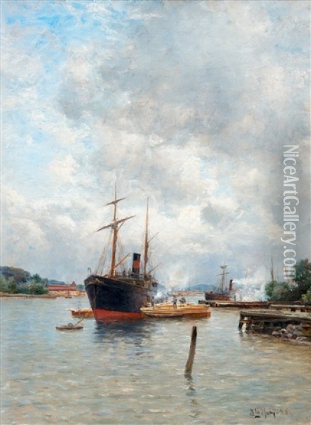 In The Harbor Oil Painting - Berndt Adolf Lindholm