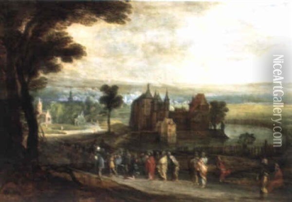 Die Bekehrung Des Paulus, Im Mittelgrund Ein Wasserschloss Oil Painting - Joos de Momper the Younger