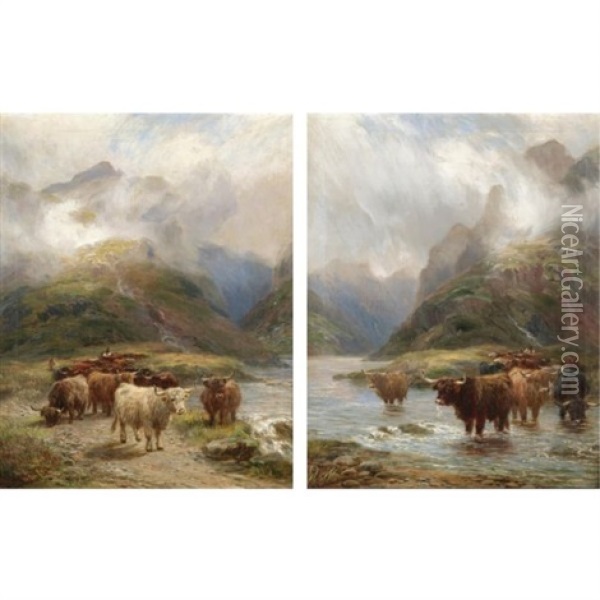 Highlanders Going South, In Argyleshire (+ Highlanders Crossing The Ford; 2 Works) Oil Painting - Henry Garland
