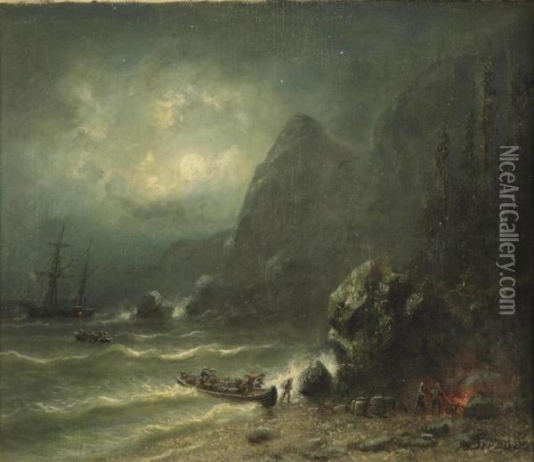 Unloading A Ship On A Seashore By Moonlight Oil Painting - Albert Bredow