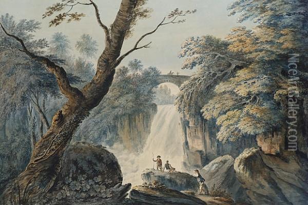 Figures By A Waterfall, Possibly Aira Force, Near Ullswater, Cumbria Oil Painting - Nicholson, F.