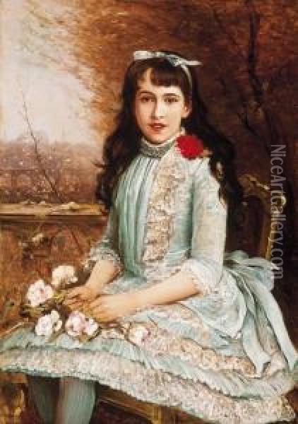 Girl In Blue Dress, With Roses Oil Painting - Lajos Bruck