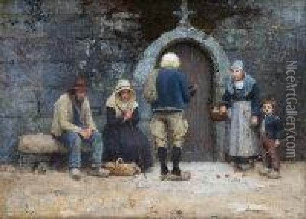 Breton Peasants At A Convent Door (1884) Oil Painting - Nathaniel Hill
