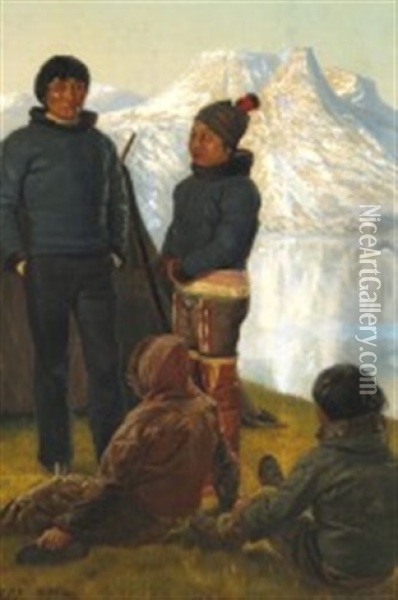 A Greenlandic Family At A Fjord Oil Painting - Carl (Jens Erik C.) Rasmussen