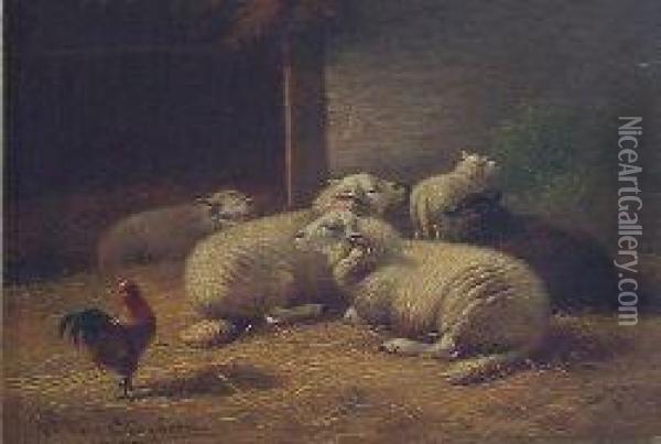 Sheep And Cockerel In A Stable Oil Painting - Joseph Van Dieghem