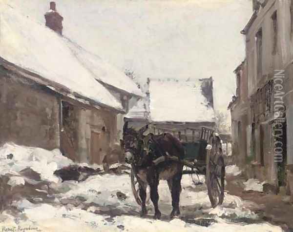 A donkey and cart at a farmhouse in winter Oil Painting - Konstantin Alexeievitch Korovin