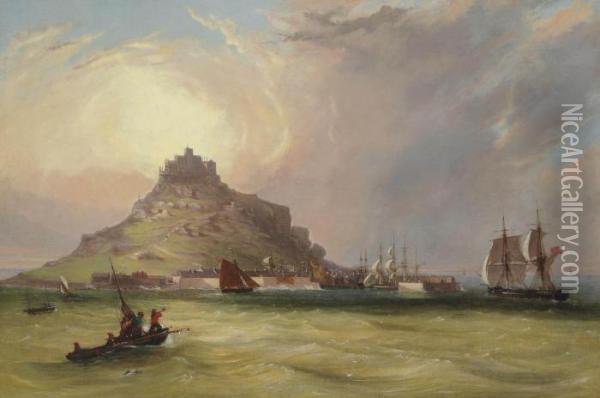 A Merchantman Running Into The Harbour At St. Michael's Mount At Sunset Oil Painting - William Williams