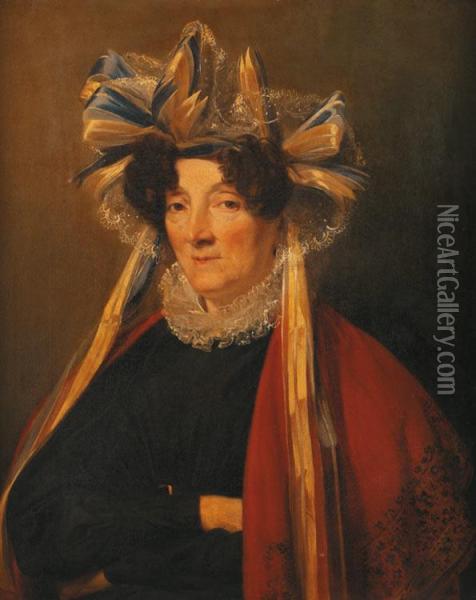 Portrait De Femme Portant Un Bonnet De Dentelles Orne D'un Noeud Bleu Et Jaune Oil Painting - Nicolas Louis Gosse