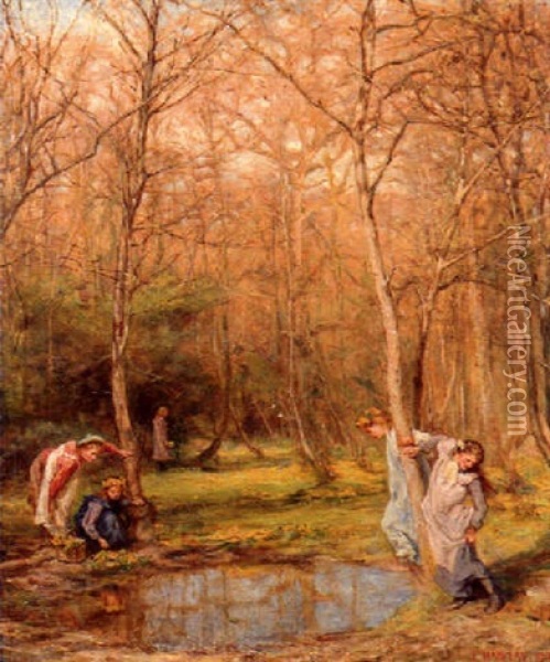 Children Playing In A Spring Glade Oil Painting - Edgar Barclay