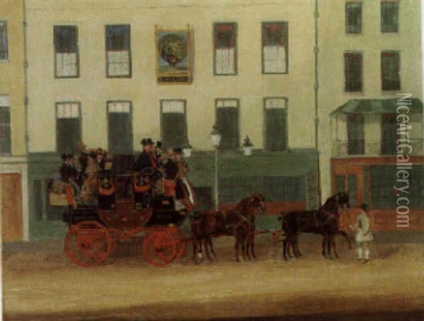 The Derby, Leicestershire And Manchester Coach At The Peacock, Islington Oil Painting - James Pollard