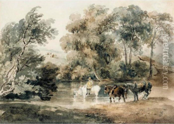 Horses Drinking At A Pool Oil Painting - Peter de Wint