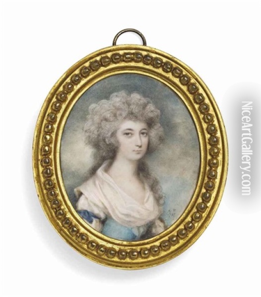 A Young Lady Called Lady Heneage Finch (1741-1820), In Blue Dress With White Fichu, With Blue Ribbon Around Sleeve, Powdered Hair; Sky Background Oil Painting - Andrew Plimer